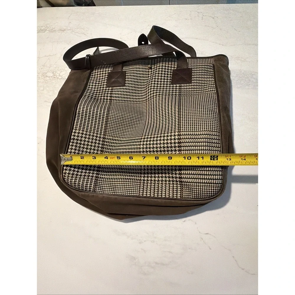Ralph Lauren Herringbone Plaid Suede Tote Bag Large Brown Leather Handles Laptop